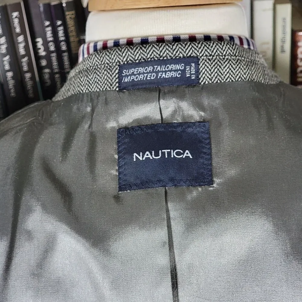 Nautica Men's Sport Coat Blazer Two Button Gray Herringbone Lambs Wool Blend 44L